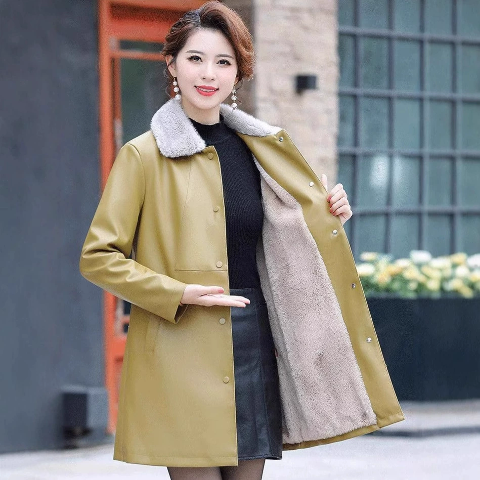 Кожаное пальто Haining Женское пальто зимой 2024 года плюшевое и утолщеное, теплое и длинное темпераментное платье мамы тонкое