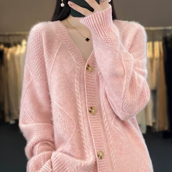 2026 New Spring and Autumn Solid Color V-Neck Loose Thick Sweater Heavy Knit Cardigan Long-Sleeve Top Jacket Wholesale