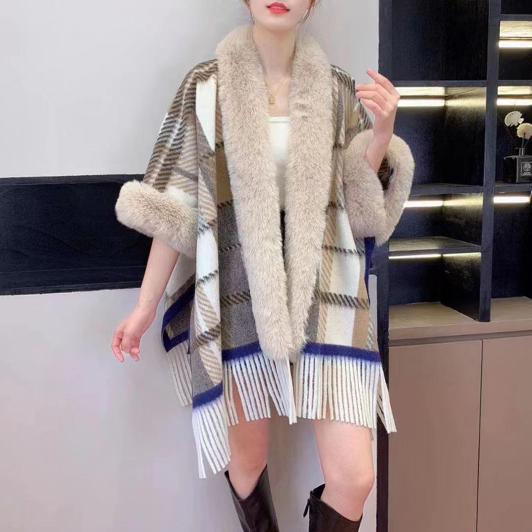 Lockerer Wollkragen mit kariertem Quasten-Strickschal-Umhang in großer Größe, Strickjacke, Pullover, Mantel für Damen_voghion.com