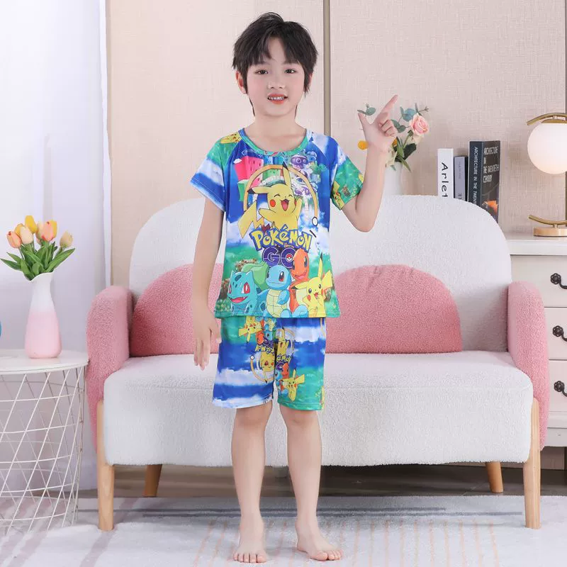 Летний детский пижамный комплект, тонкие шорты с короткими рукавами для мальчиков и девочек, детей, младенцев, учеников начальной школы, домашняя одежда с кондиционером.
