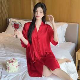 工厂现货2026夏款性感冰雪丝开衫睡裙女红色高级感家居服睡裙批发