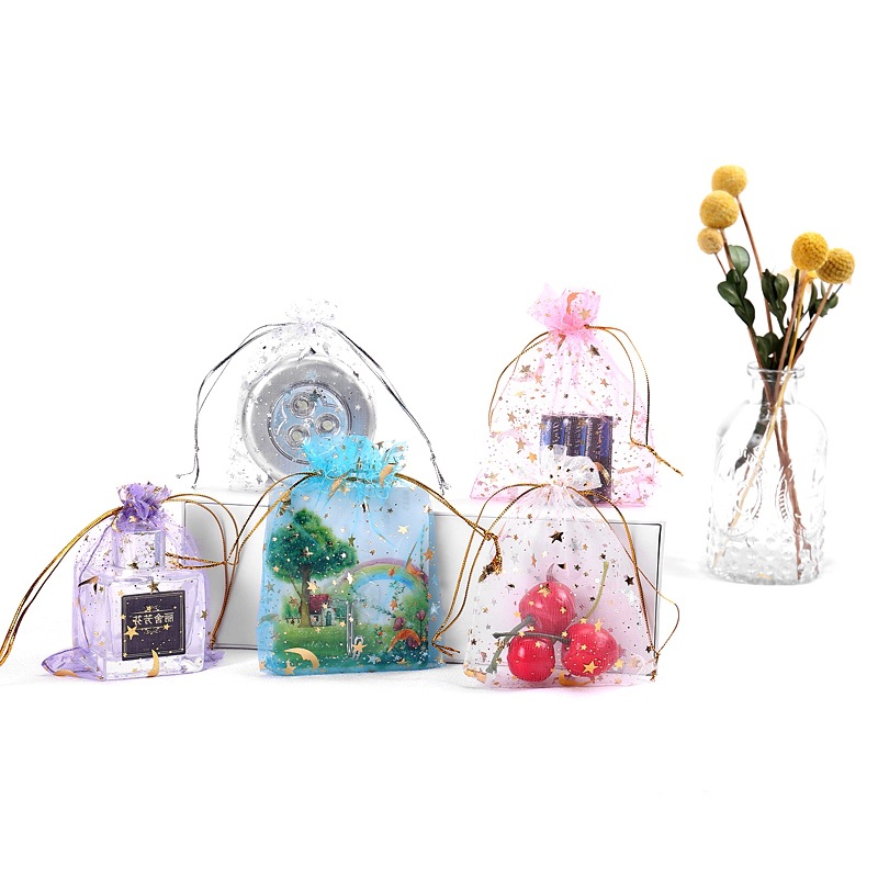 跨境10个圣诞彩色烫金星月纱袋糖果雪花酥礼品包装袋耳环小饰代发