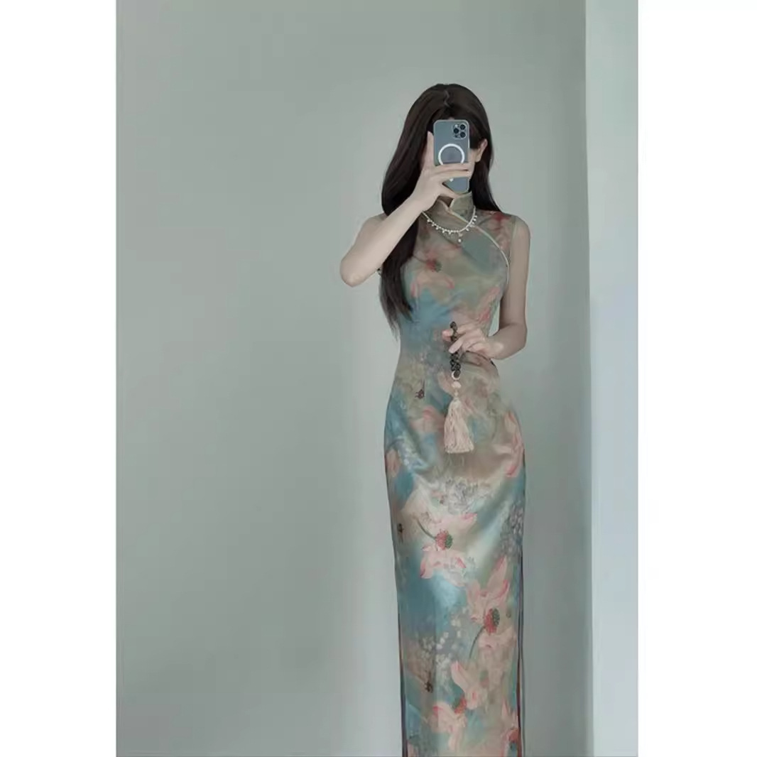 Đầm maxi nữ thắt eo kiểu Pháp thanh lịch, sườn xám mới mùa hè — Màu hoa