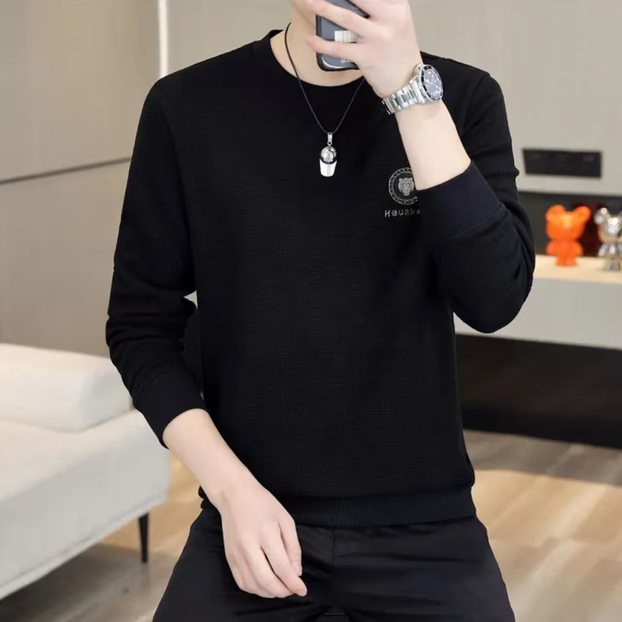 长袖卫衣男士春秋季新款提花烫钻休闲圆领T恤百搭套头帅气打底衫