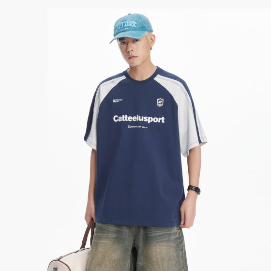 CATTEE Men's 300g Heavy T-shirt Cotton Color Matching Crewneck Pullover Short Sleeve Summer New All-match T-shirt