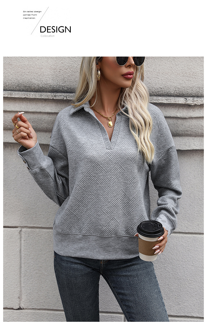 Sweat-shirt à revers d'automne pour femme, couleur unie, haut texturé, bouton décoré_voghion.com
