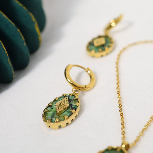 Foreign trade African turquoise pendant earrings and necklace set European and American INS style 18K gold-plated titanium steel retro earrings for women
