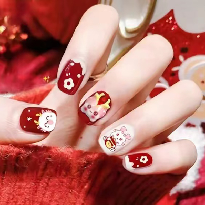 New year wine red wear nail detachable nail beauty piece Dragon year nail piece cute nail short flower nail piece 24 pieces New year wine red wear nail detachable nail beauty piece Dragon year nail piece cute nail short flower nail piece 24 pieces