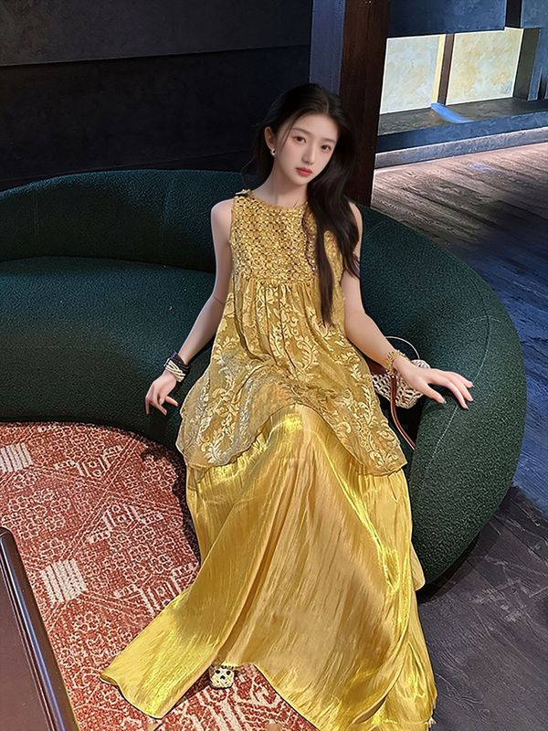夏の中国風 2025 新しいスパンコールレーヨンドレス婦人服新中国風のハイエンドステッチ妖精スカート N6041|undefined