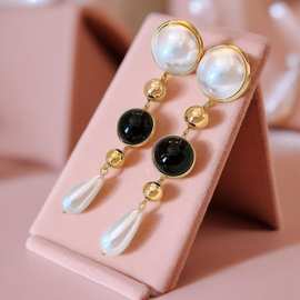复古珍珠流苏耳环轻奢小众法式高级感黑白长款耳钉女奢华高贵耳饰