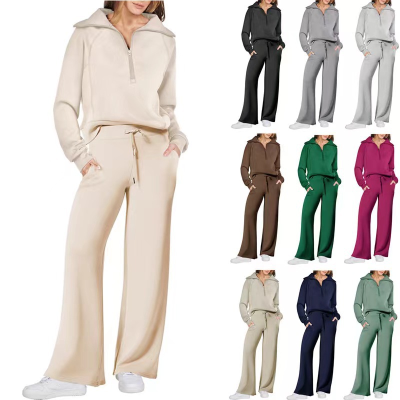 European and American Export 2024 Autumn and Winter Fashion Casual Sports Suit Zipper Long-Sleeved Sweatshirt Wide-Leg Pants Two-Piece Set for Women