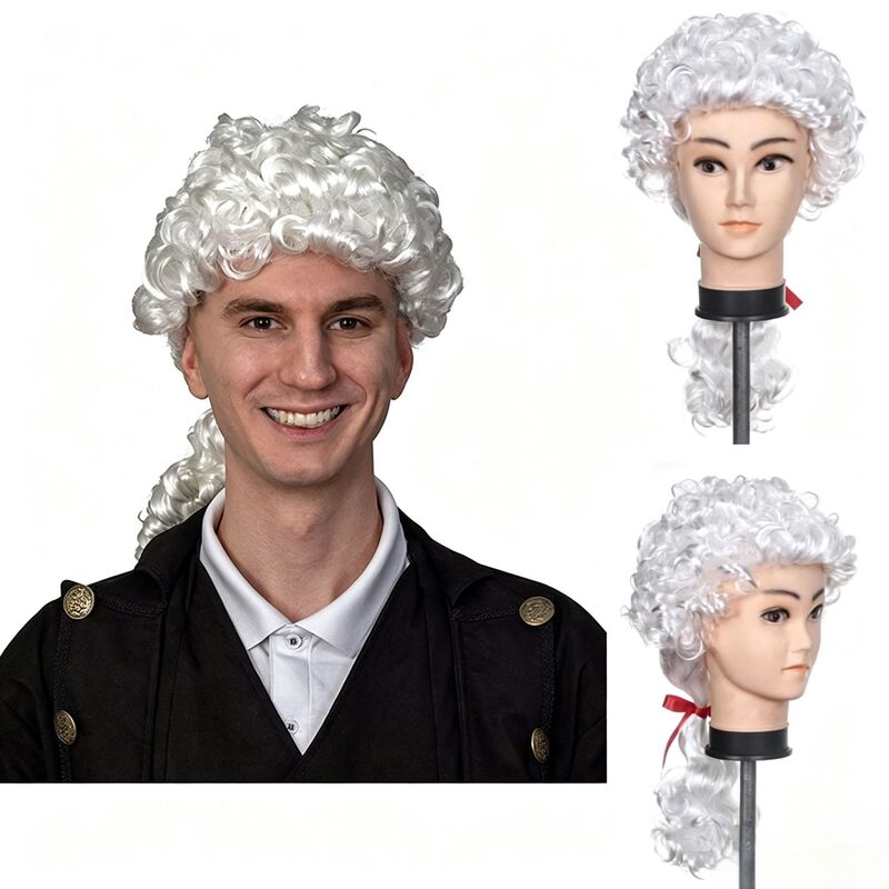 European and American White Wigs, Colonial Powder Wigs with Ponytails, Hair for Masquerade Balls, Men's Baroque Curly Hair European and American White Wigs, Colonial Powder Wigs with Ponytails, Hair for Masquerade Balls, Men's Baroque Curly Hair