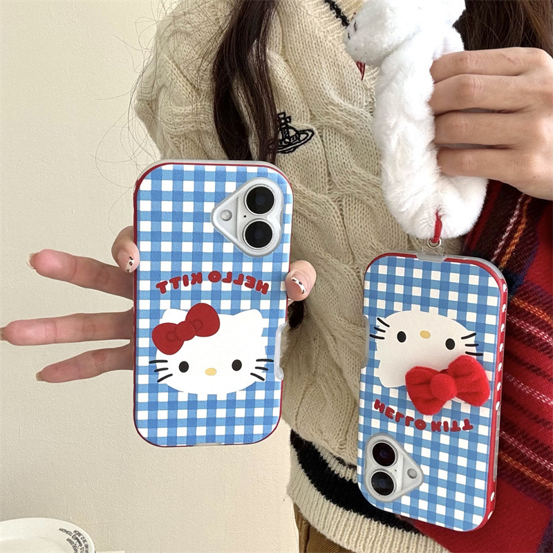 Gato kt a cuadros azul coreano de nicho para Apple 15pro/16pro Fun 14 Bowknot 13p girl