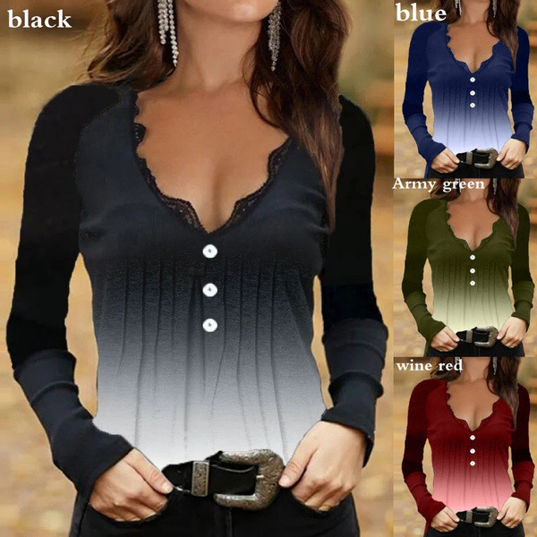 2021 Autumn Amazon Cross-Border Best-Selling New V-Neck Lace Button Gradient Color Long-Sleeve T-Shirt Women's Clothing