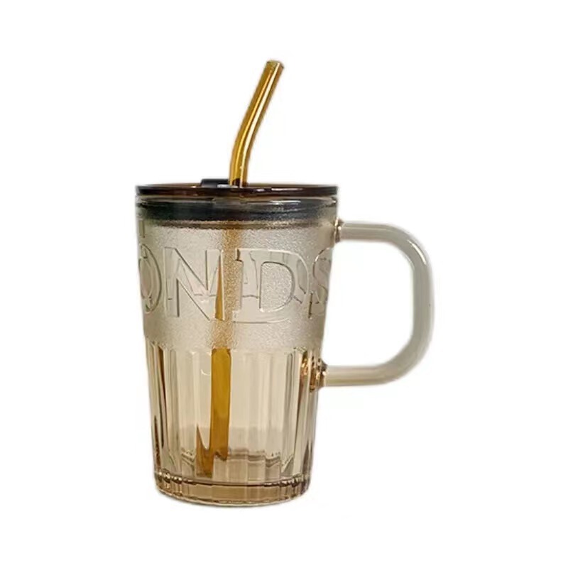 ガラス製ストロー付きコーヒーダブルドリンクカップ、ガラス製ウォーターカップ、コールドブリューミルク用蓋付き、文字入りハンドル付きストロー付きガラスカップ|undefined