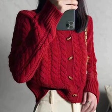 高端秋冬加厚纯羊毛针织开衫女圆领麻花外套宽松高腰短款红色毛衣