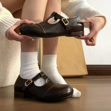 复古学院风低跟玛丽珍鞋女圆头加绒镂空T字带扣小单鞋