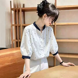 日系森女高级感波点衬衫短袖女2026夏季新款大码胖mm宽松显瘦上衣