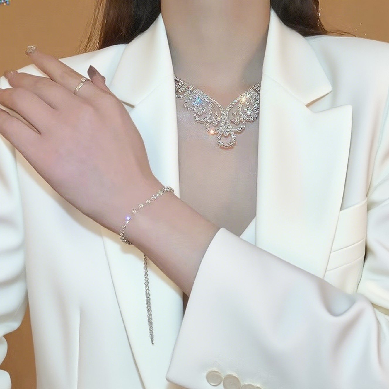 Bridal Wedding Necklace And Earring Set With Rhinestone Claw Chain_voghion.com