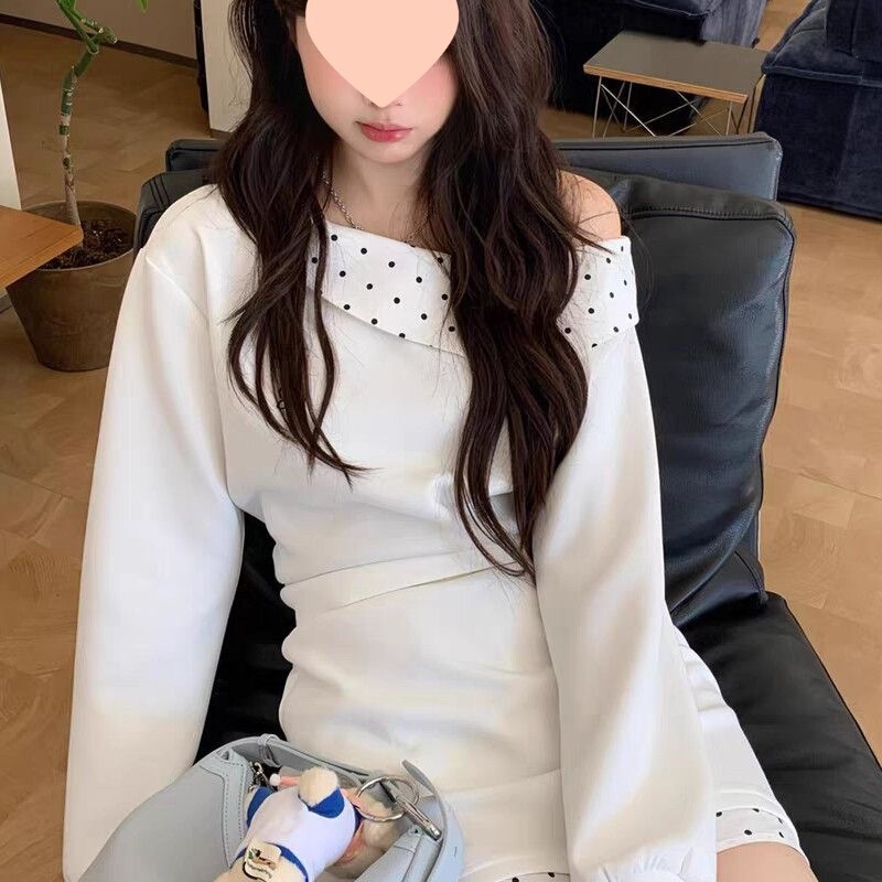 一字肩斜肩波点卫衣长袖恤上衣女早秋季新款高腰显瘦半身裙套装|undefined