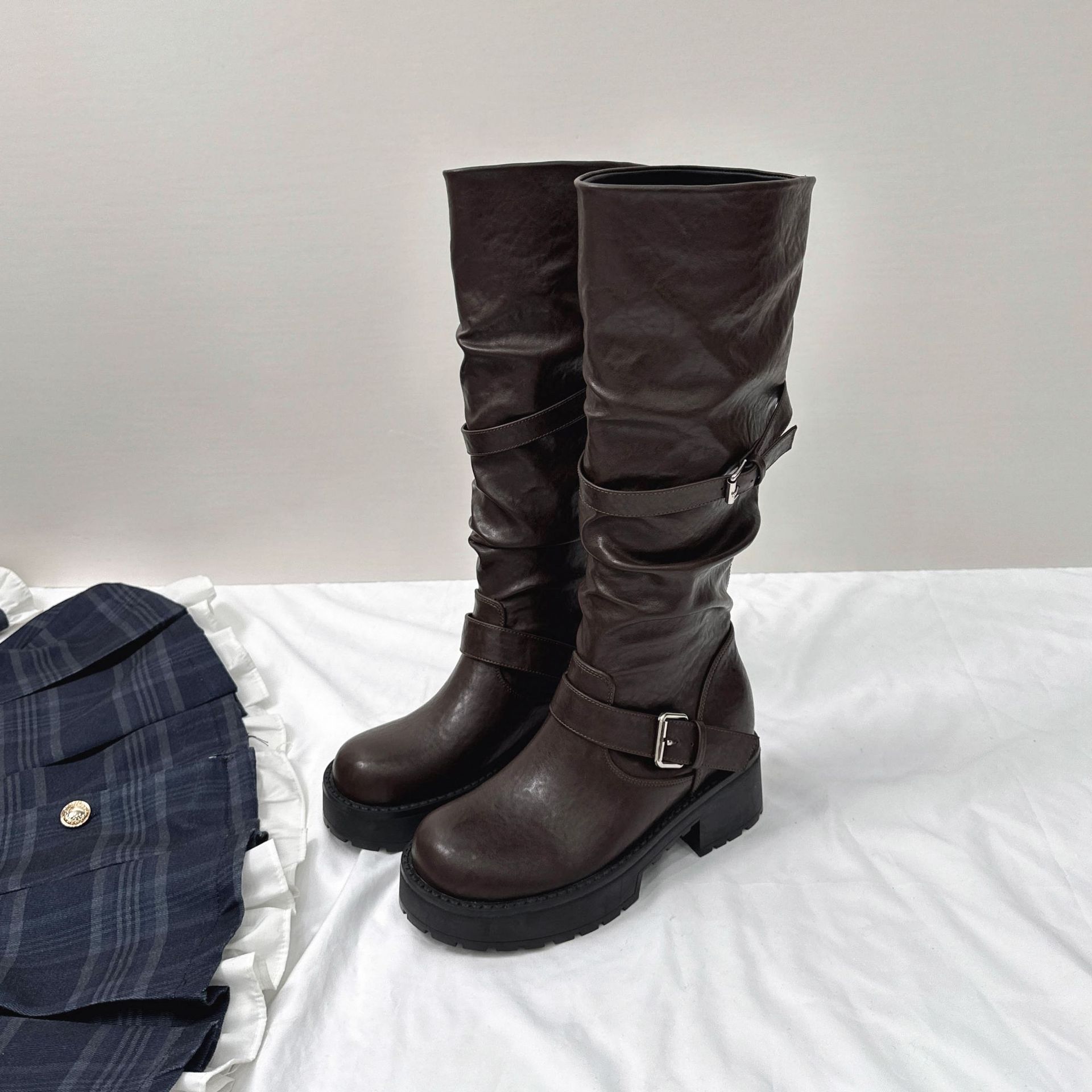 Botas Vaqueras de Caballero para Mujer de 8 cm, Superfibra, Con Elevación, Tacón Grueso, para Otoño e Invierno