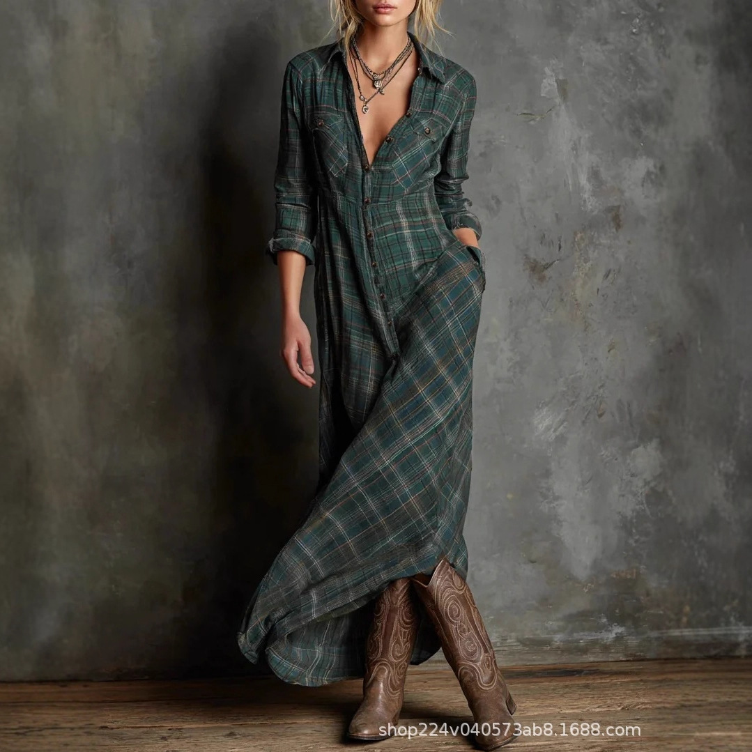 In-Stock 2026 European and American Women's Fashion Independent Brand V-Neck Plaid Loose Dress with Artistic Flair, Plaid Vacation Long Dress