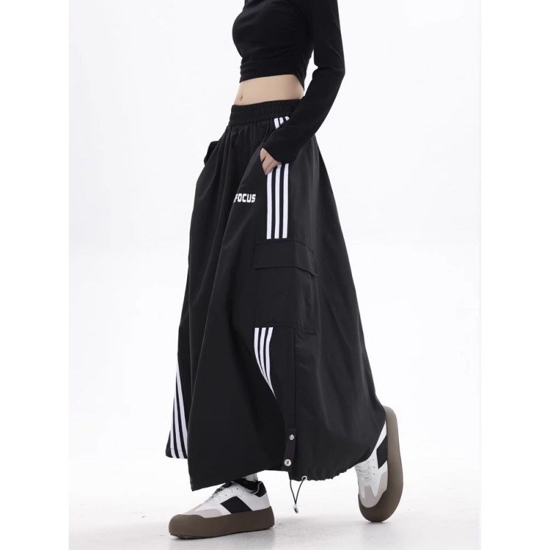 Autumn Women's Midi Skirt American High Street Dopamine Outfit Side Stripe Slit Loose Sporty Workwear High Street Trend