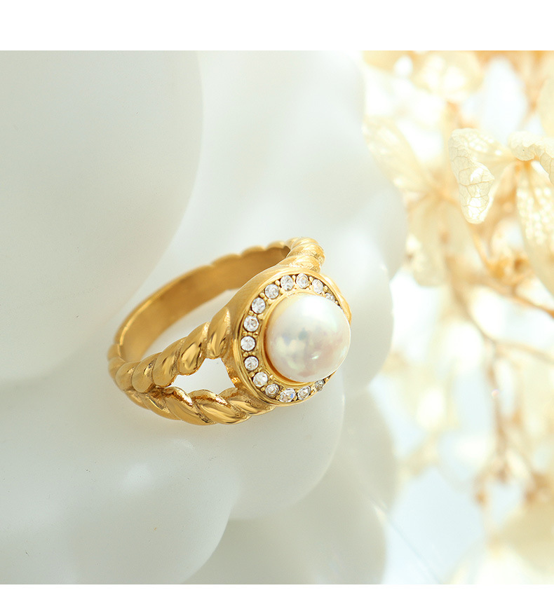 Retro Geometric Titanium Steel Rings Inlay Artificial Pearls Zircon Stainless Steel Rings
