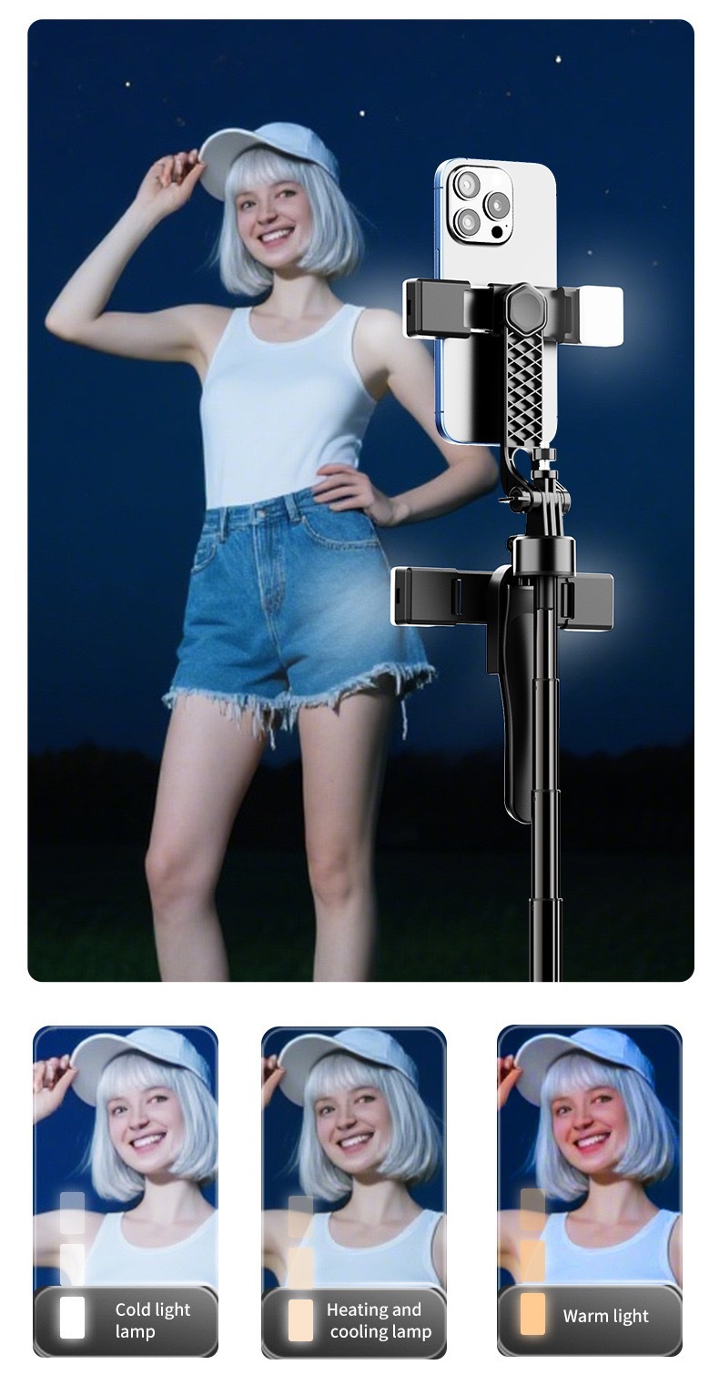 K29 Telefoon Bluetooth Afstandsbediening Statief Selfie Stick Vierassige Handheld Stabilisator Live Streaming Vloerstatief 2,15 m_voghion.com