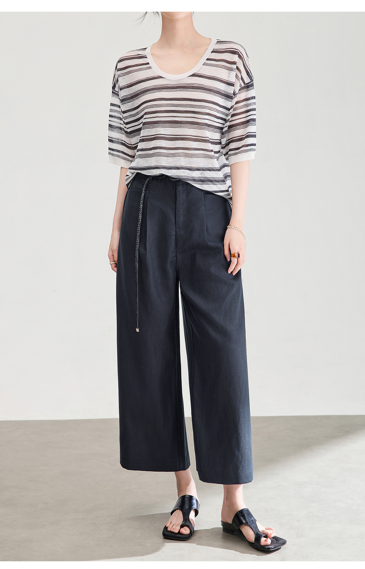 Quần culottes nữ ống rộng chất liệu linen phối sợi tencel, cạp cao dáng suông, mặc mùa hè thoáng mát — Xanh lông mòng đen chi tiết 21