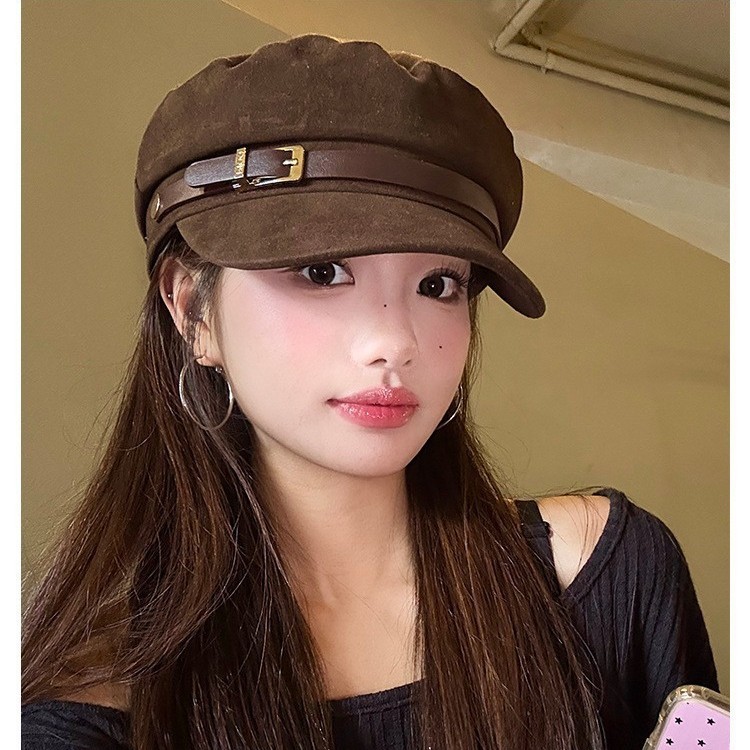 英伦风皮带扣平顶贝雷帽女时尚文艺复古百搭大头围显脸小画家帽子|undefined