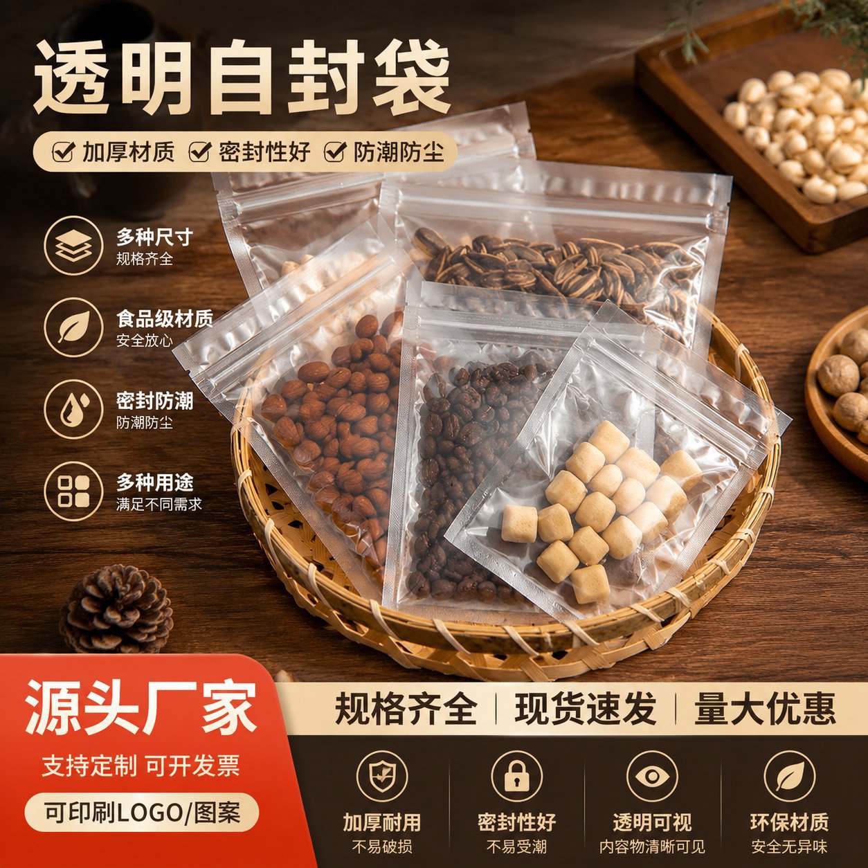 干果自封袋零食密封塑料袋自封袋子食品包装拉骨袋厂家批发分装