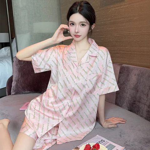 인기 여름 실크 얼음 실크 얇은 인터넷 연예인 스타일 정장 여성 잠옷 반팔 카디건 홈웨어 하이 엔드 크로스 보더