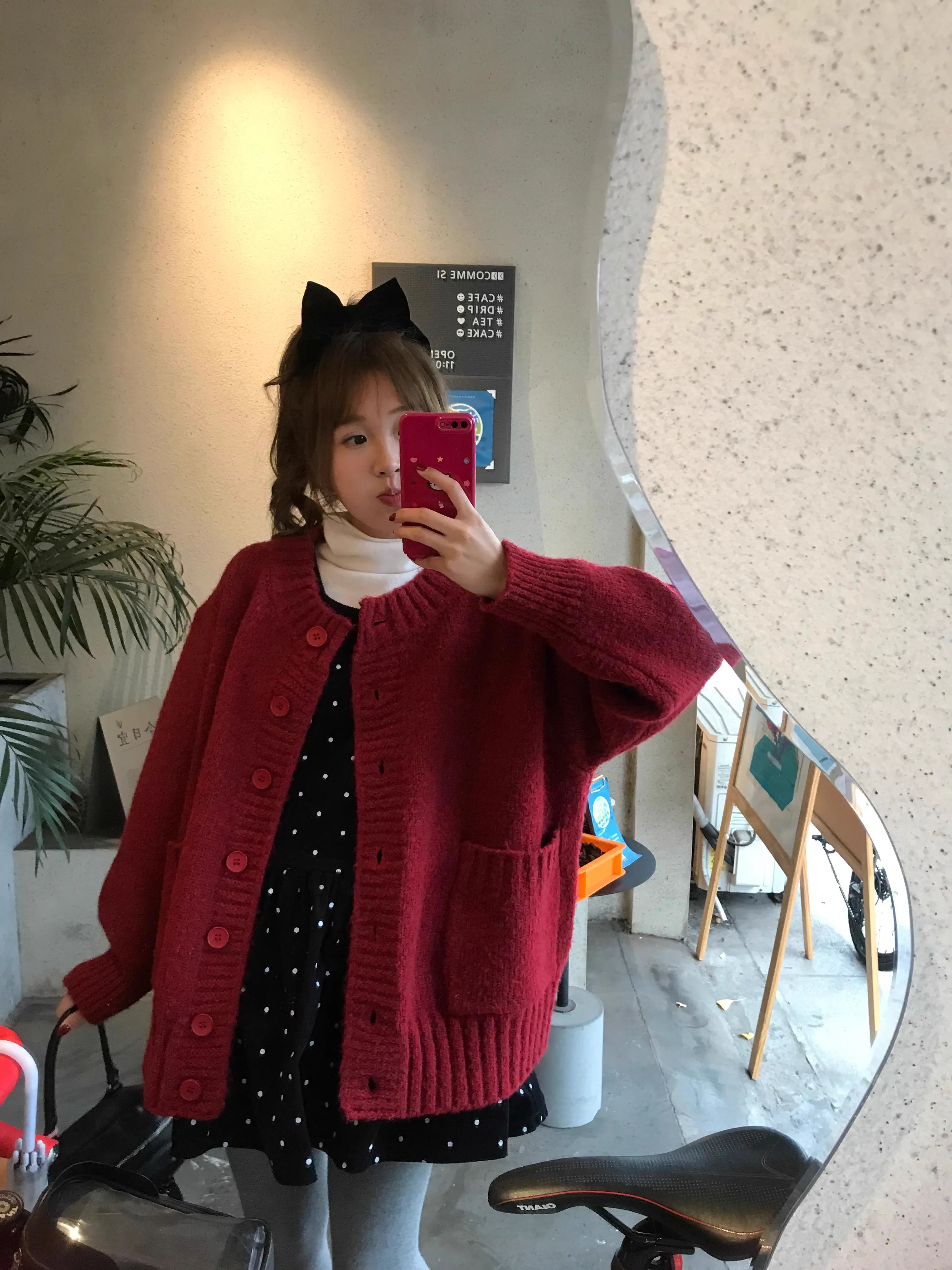 레드 레트로 게으른 스타일 느슨한 니트 카디건 스웨터 코트 여성 가을 겨울 한국 스타일 탑