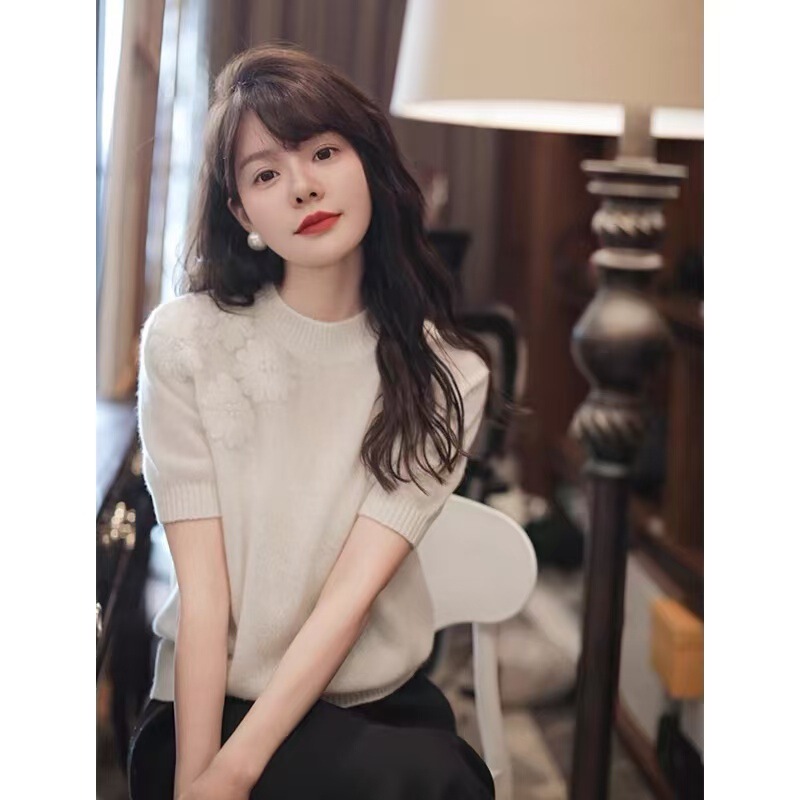 优雅柔和白色立体花朵刺绣针织衫夏季薄款时髦洋气别致上衣女|undefined