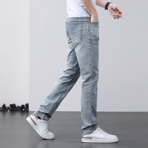 Urban simple jeans for men, slim spring and summer new casual trousers for men, trendy light color straight pants for men