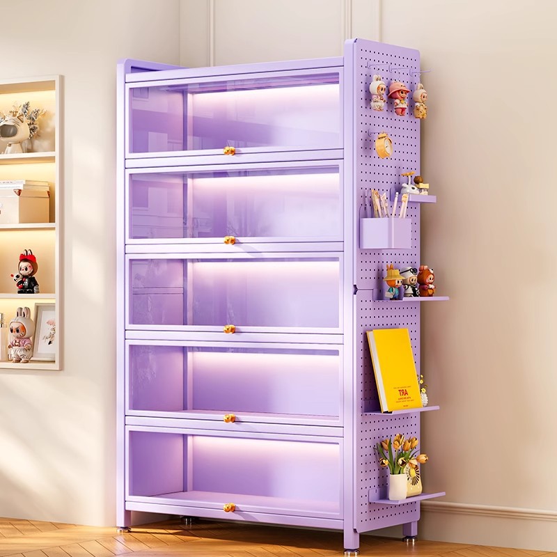 Purple Steel Bookshelf with Glass Door Floor-Standing Bookcase Dust-Proof Hand-Made Display Cabinet Pain Cabinet Iron Storage Locker