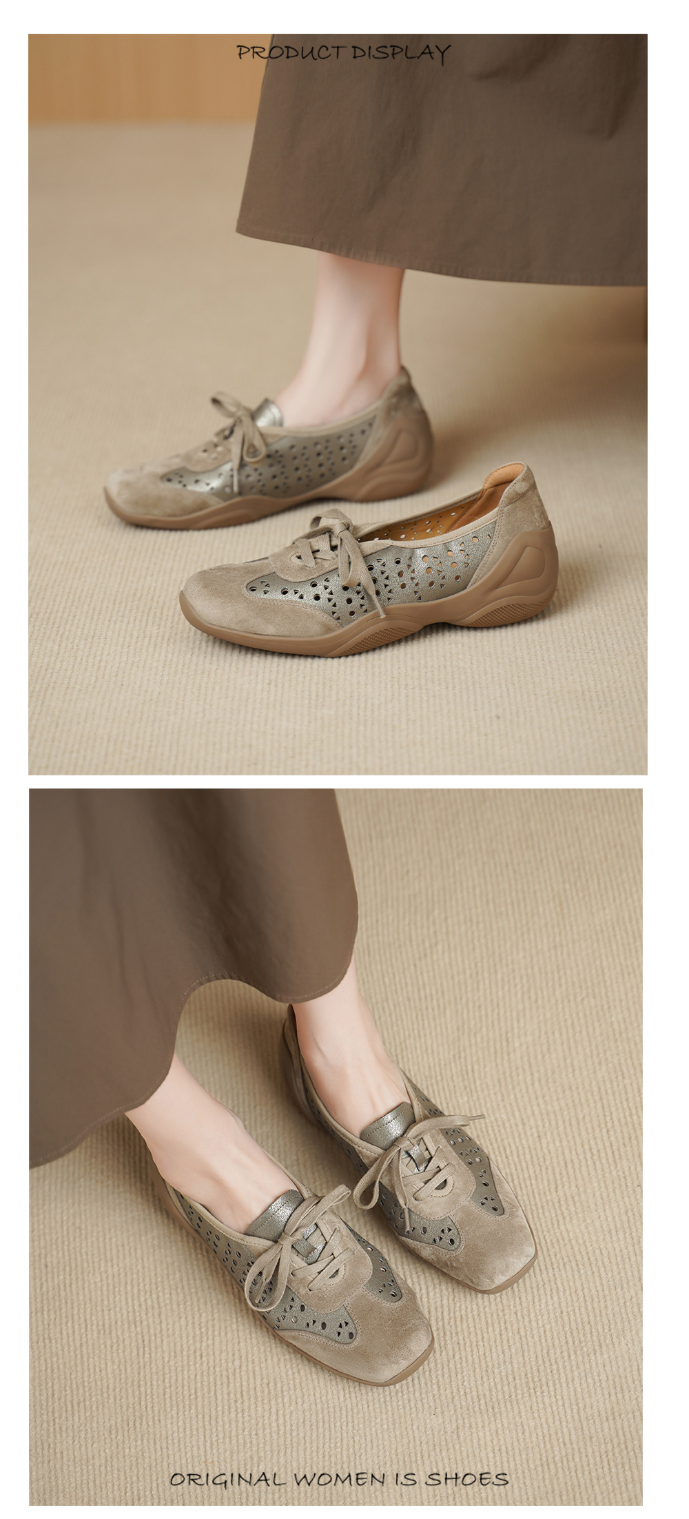 Giày sneaker nữ phối màu đục lỗ dây buộc mũi sâu đế mềm da mềm — đen chi tiết 6