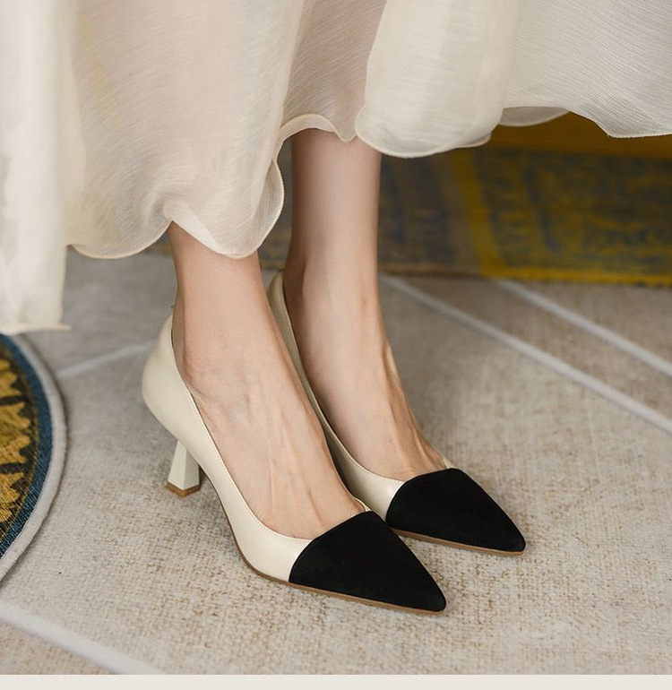 Scarpe da pendolare sexy con tacco alto a punta retrò da donna, in pelle leggera, con tacco sottile, abbinate ai colori_voghion.com