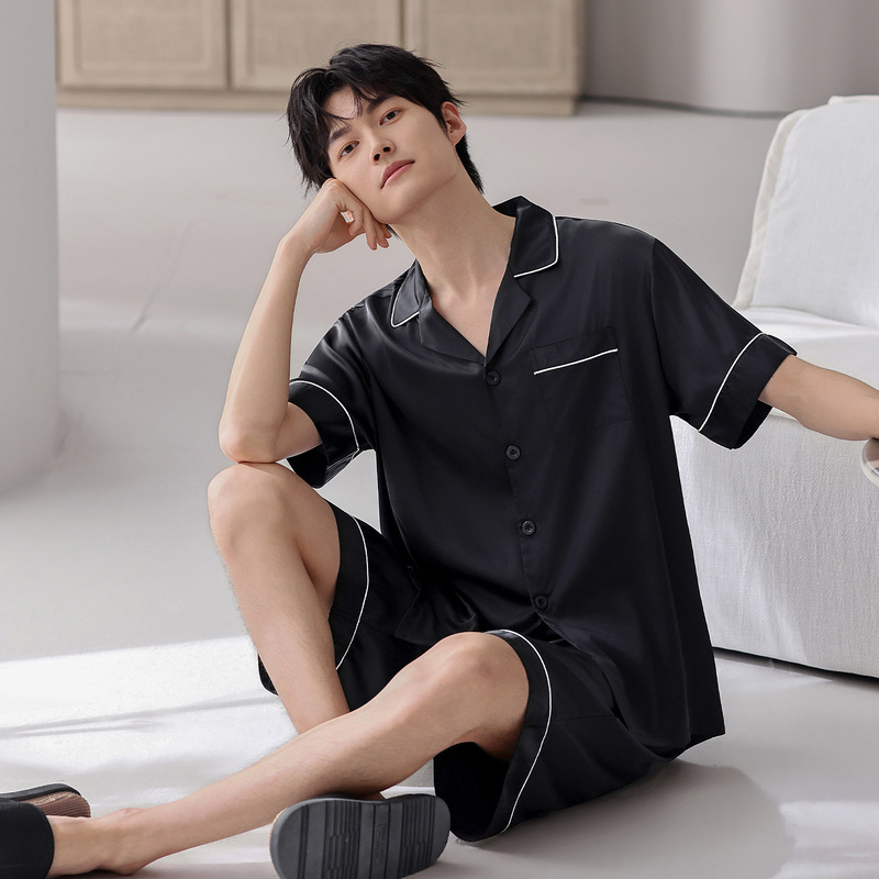 Men's Summer Pajamas Ice Silk Cardigan Short-Sleeve Shorts Set Solid Color Faux Pocket High-End Loungewear Sleepwear Men's Summer Pajamas Ice Silk Cardigan Short-Sleeve Shorts Set Solid Color Faux Pocket High-End Loungewear Sleepwear