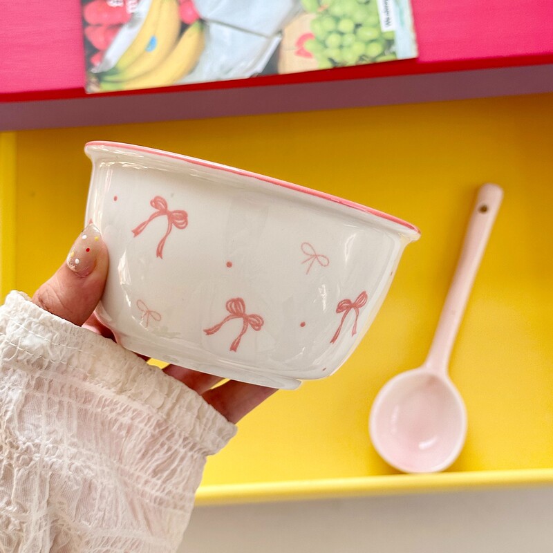Ins系ご飯碗蝶結び陶磁器碗釉薬下彩家庭用ピンク少女心飯碗甜品碗可マイクロ波|undefined