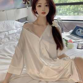 睡裙女2024年新款睡衣夏季宽松冰丝薄款白色衬衫蕾丝花边夏家居服