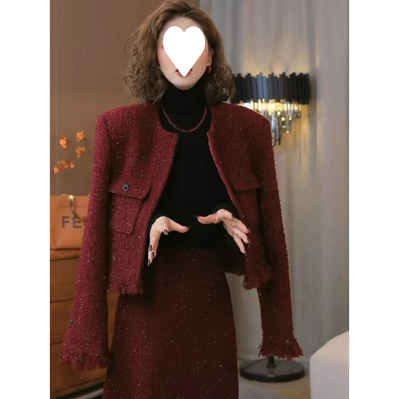 싱글 | 세트 가을과 겨울 새로운 소스 과일 붉은 향기로운 프랑스 스타일 할로윈 세트 슬리밍 세련된 우아한 투피스 세트