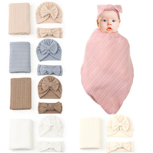 Foreign trade cross-border Baby Swaddling blanket suit newborn polyester cotton solid color wheat grain wrapped blanket three-piece set