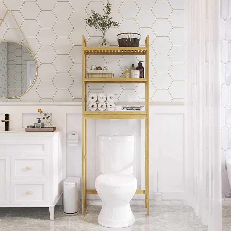 Bathroom Storage Rack Wooden Storage Shelf Bamboo Toilet Shelf Space-Saving Adjustable Bathroom Organizer