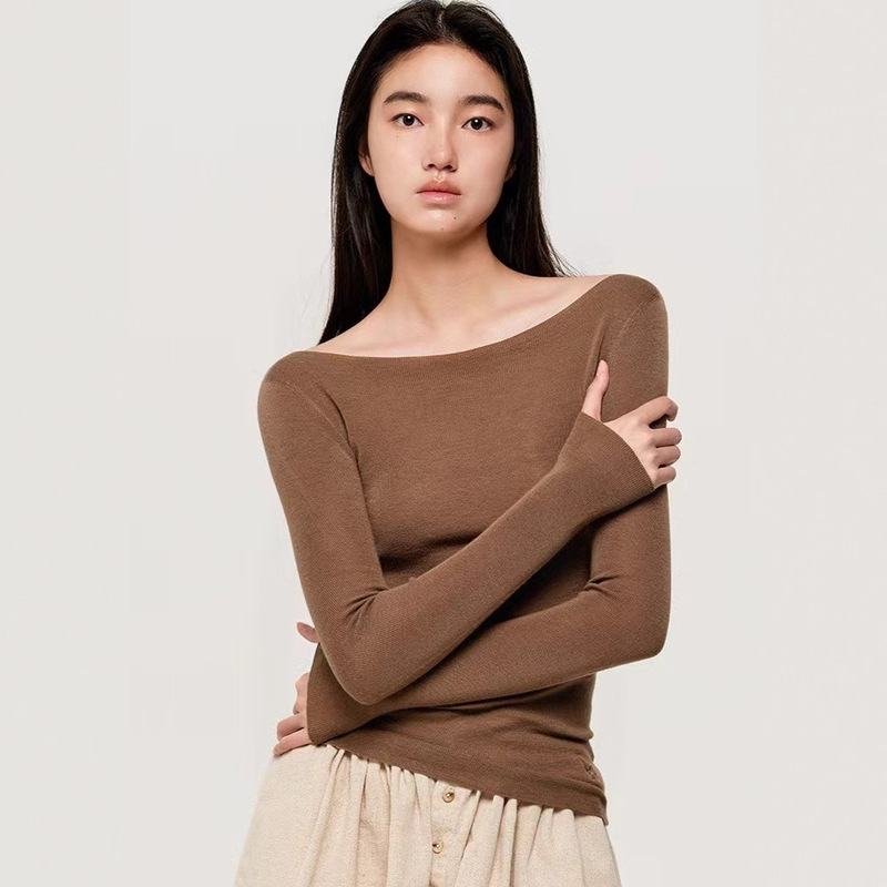 Soft Skin Knitted Caramel Color Cardigan Boat Neck Top 100% Sheep Wool