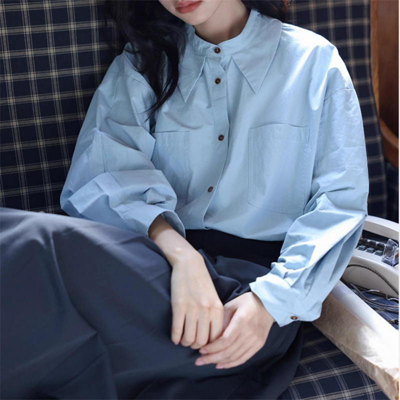 Sky Blue Long-sleeved Shirt Women's Enzyme Washed Elegant Point Collar Simple H-shaped Shirt Top All-match Slim-fit Loose