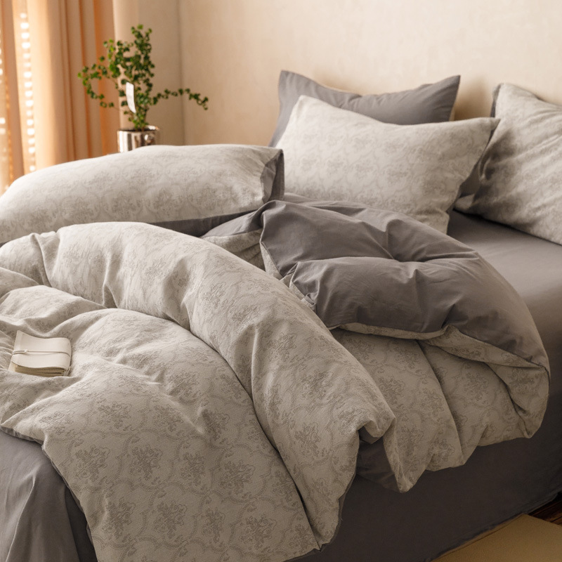 Clase ligera de lujo A algodón lavado de algodón de cuatro piezas de tres capas de hilo jacquard edredón cubierta sábana de algodón de fibra larga cama de algodón de cuatro piezas