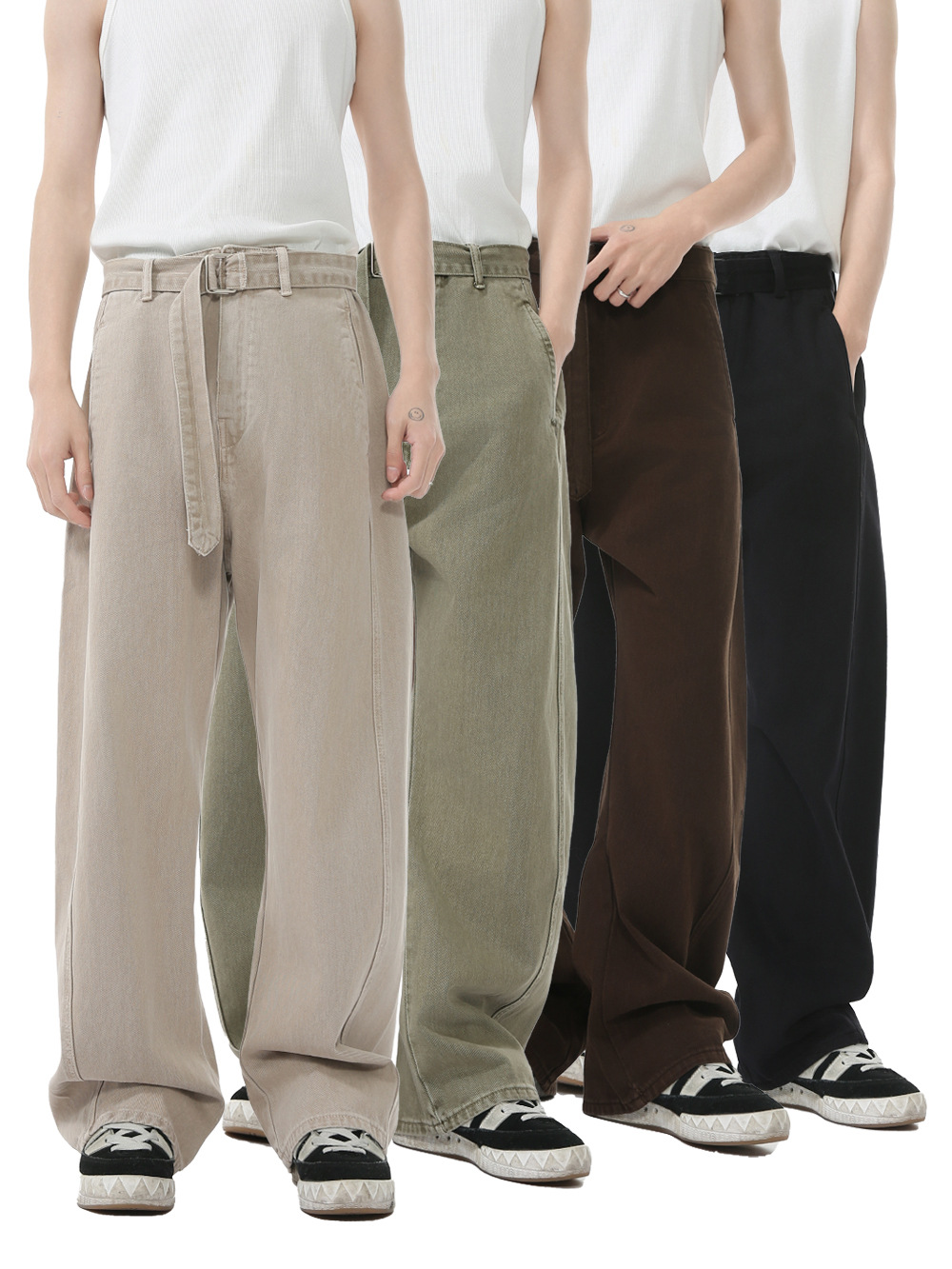 MTLCLOTHES para hombre | Nuevo estilo coreano casual cleanfit color sólido con cinturón jeans sueltos rectos