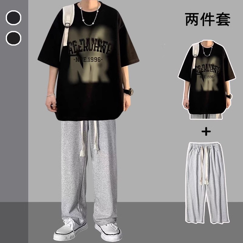 Short-sleeved suit summer T-shirt Hong Kong style ins trendy men's clothing set with casual trousers student handsome two-piece outfit